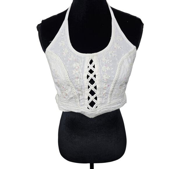 Shore Line Embroidered Sequin Fairy  Halter White  Bustier Boho Whimisy Beach M - Picture 1 of 8